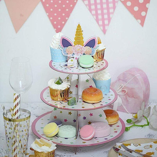 15 in tall 3 Tier Assorted Centerpiece Cake Cupcake Stand Set with Unicorn Top