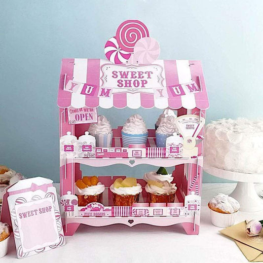 18 in White with Pink 2 Tier Cardboard Sweet Shop Cupcake Dessert Stand