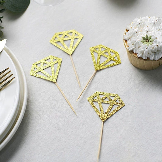 24 Gold Glittered Diamond Ring Cake and Cupcake Toppers