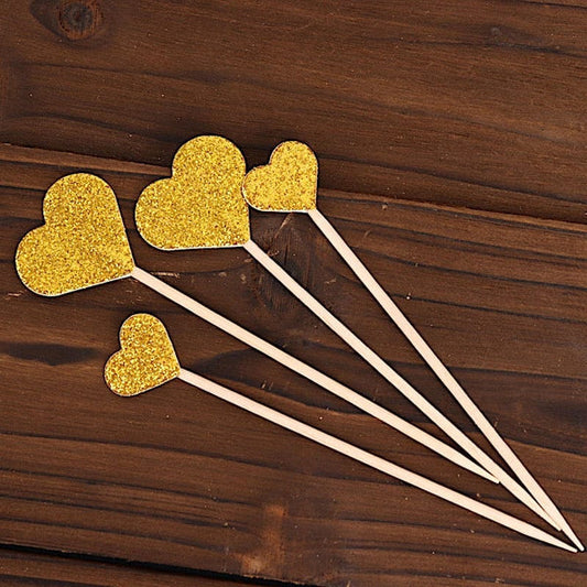 24 Gold Glittered Heart Cake and Cupcake Toppers Picks