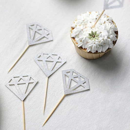 24 Silver Glittered Diamond Ring Cake and Cupcake Toppers