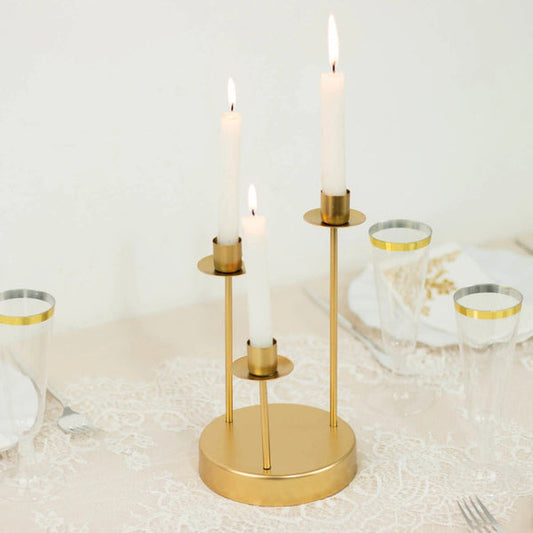 10 in Gold 3 arm Vintage Round Metal Candelabra Taper Candle Holder