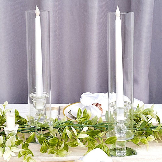 2 Crystal Clear Glass Hurricane Taper Candle Holders with Cylinder Shades