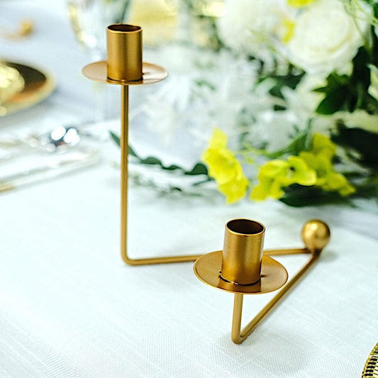 2 Gold 2 arm Metal Geometric Candelabra Taper Candle Holders with V-shaped Base