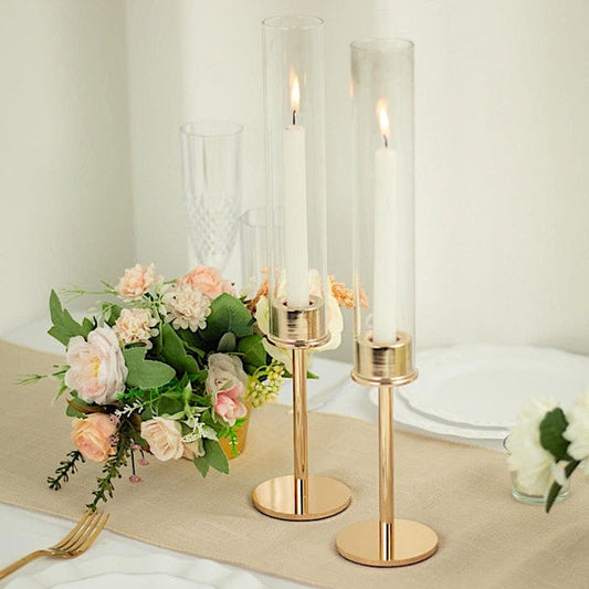 2 Metal with Clear Glass Shades Hurricane Taper Candle Holders