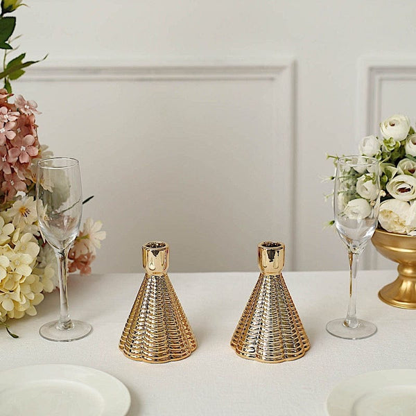 3 Metallic Gold 5 in Ribbed Cone Shaped Ceramic Taper Candle Holders