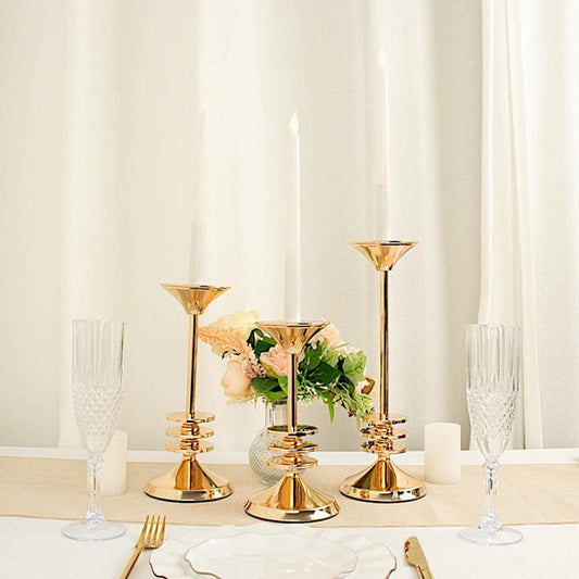3 Gold Candlestick Stands 3-Disk Design Taper Candle Holders Set