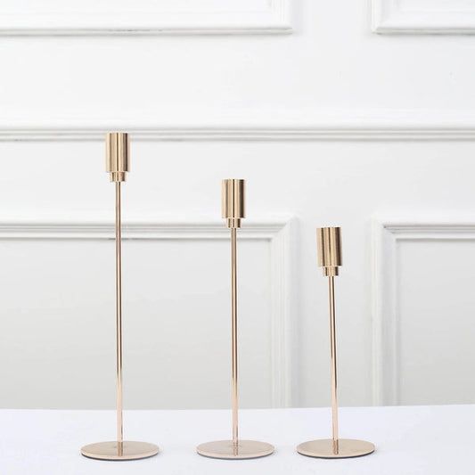 3 Gold Metal Candlesticks Stands Taper Candle Holders with Round Base