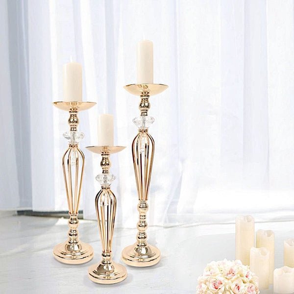 3 Gold Metal with Crystals Pillar Candle Holders Flower Ball Pedestal Stands