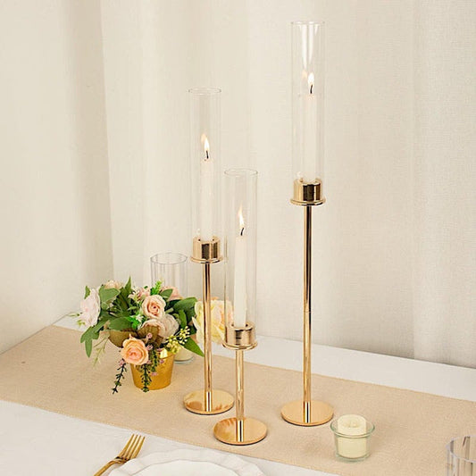 3 Metal with Clear Glass Shades Hurricane Taper Candle Holders Set
