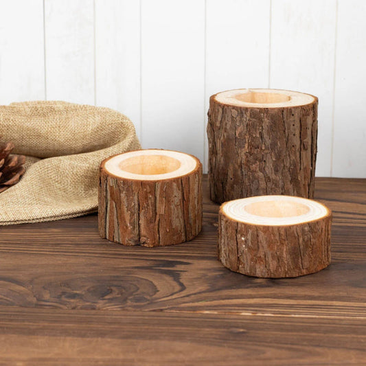 3 Assorted Round Natural Wood Slice Tea Light Candle Holders