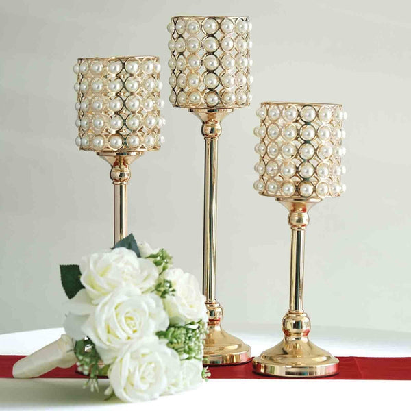 3 Pearl Beaded Gold Metal Candle Holders Wedding Centerpieces