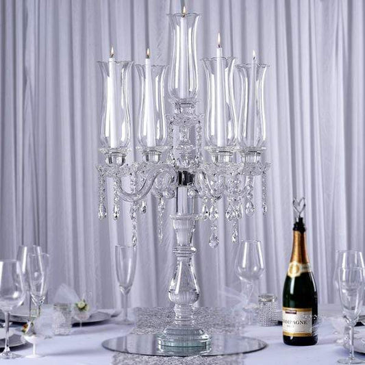 32 in tall Clear 5 Arm Crystal Glass Candelabra Hurricane Taper Candle Holder