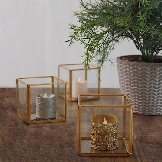 3 Gold and Clear Glass with Metal Frame Candle Holders Centerpieces