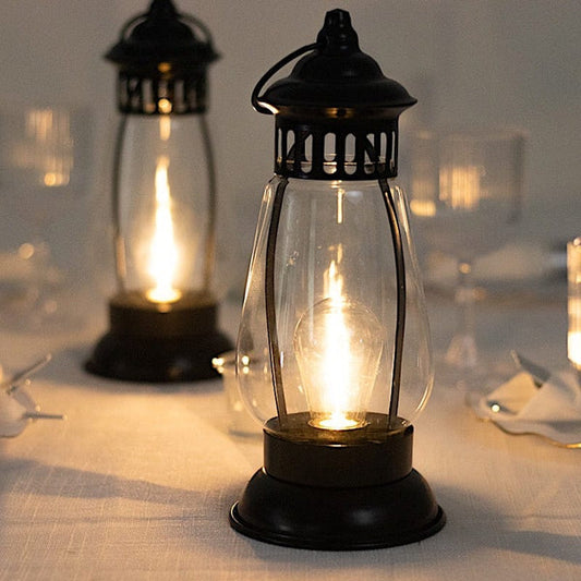 4 Black 10" Vintage Battery-Operated Metal LED Lanterns