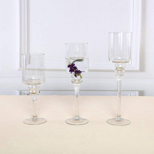 Set of 3 Raised Cylinder Clear Glass Vases Centerpieces and Candle Holders