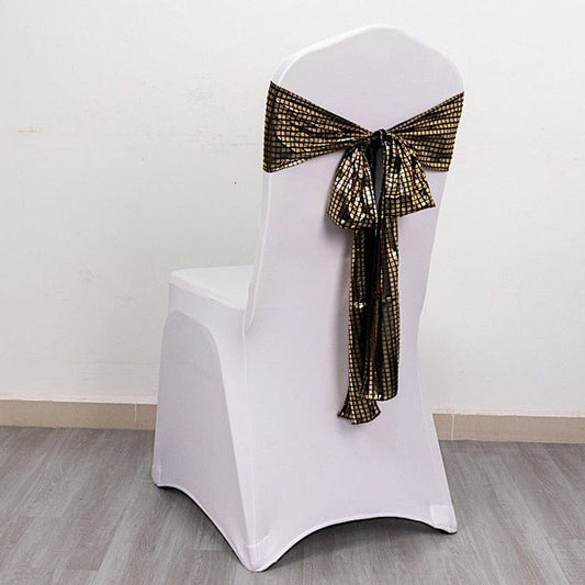 5 Black with Gold Mirror Foil Design Polyester Chair Sashes