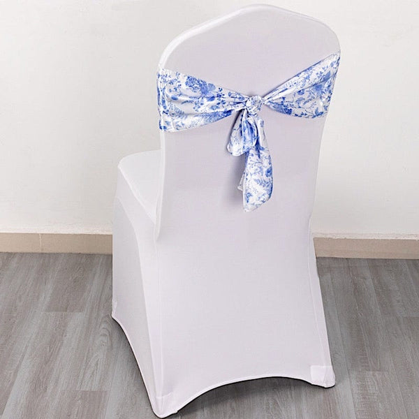 5 White Satin Chair Sashes with Blue Floral Design