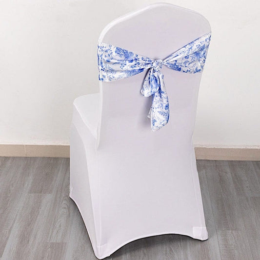 5 White Satin Chair Sashes with Blue Floral Design