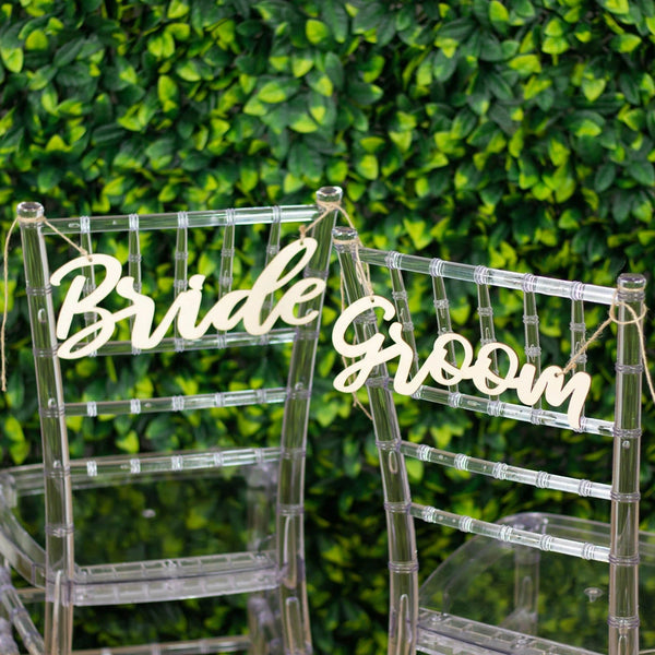 2 Natural 12x5 in Wooden Bride and Groom Chair Signs Hanging Wedding Decor