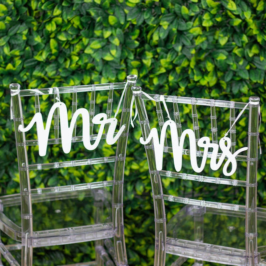 2 White 12x6 in Wooden Mr and Mrs Chair Signs Hanging Wedding Decor