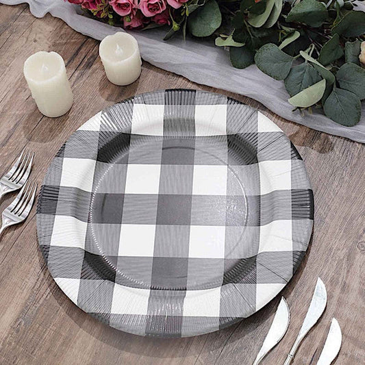 10 Round 13 in Buffalo Plaid Disposable Cardboard Paper Charger Plates with Textured Rim