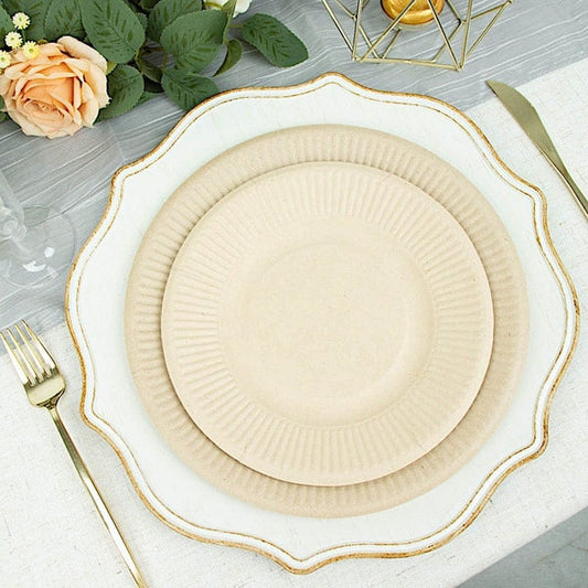 50 Natural Round Sustainable Bagasse Disposable Salad and Dinner Plates with Ribbed Rim