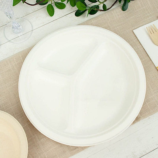 50 White 10 in Round 3 Compartment Sustainable Bagasse Disposable Dinner Plates