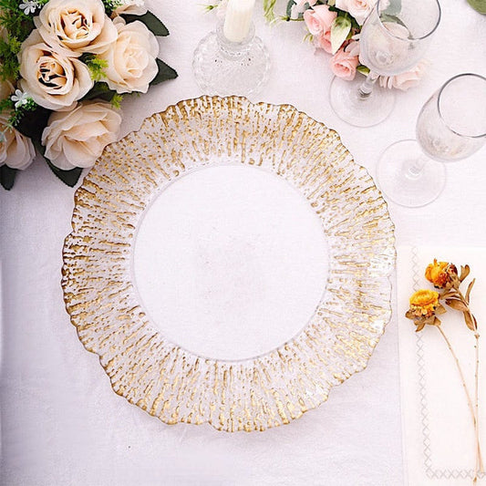6 Clear 12" Round Plastic Charger Plates with Gold Reef Rim Design