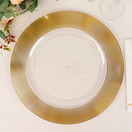 6 Clear 13" Round Plastic Charger Plates with Gold Lined Trim