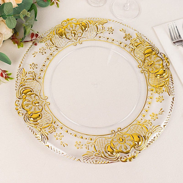 6 Clear 13 in Round Plastic Charger Plates with Gold Embossed Rim