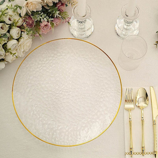 6 Clear 13 in Round Hammered Plastic Charger Plates with Gold Trim