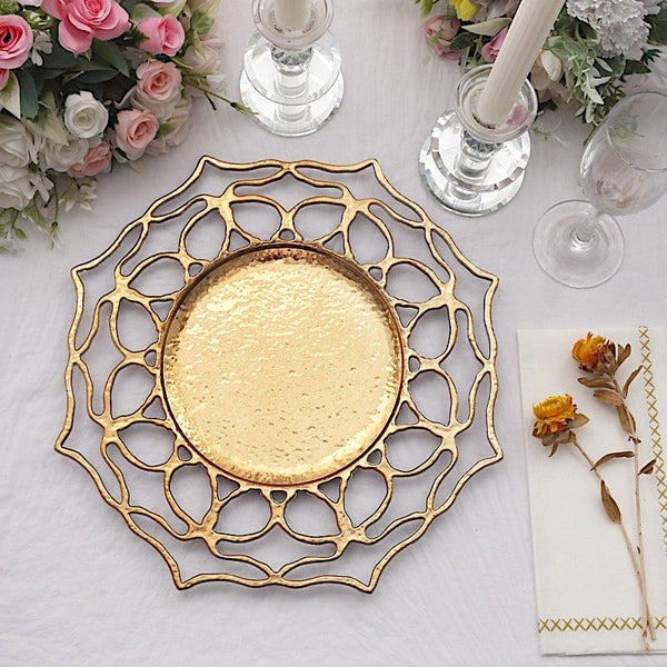 6 Gold 13" Acrylic Round Charger Plates Flower Cutout Design