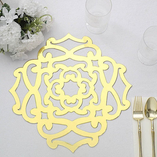 6 Metallic Gold 13 in Disposable Cardboard Placemats Laser Cut Flower Design