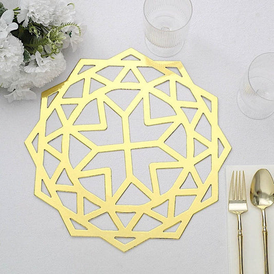 6 Metallic Gold 13 in Disposable Cardboard Placemats Laser Cut Geometric Star Design