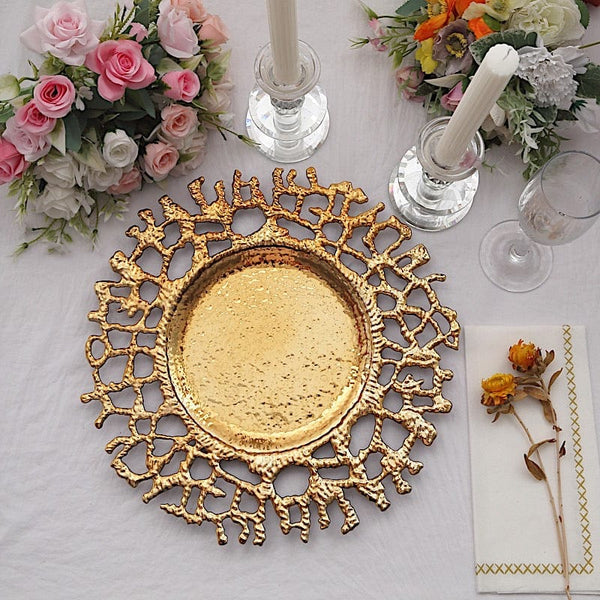 6 Gold 13" Round Plastic Charger Plates with Lace Pattern