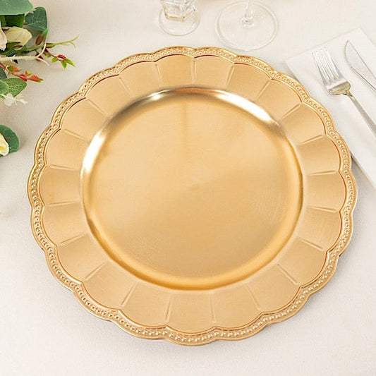 6 Metallic Gold 13" Round Plastic Charger Plates with Beaded Sunflower Trim