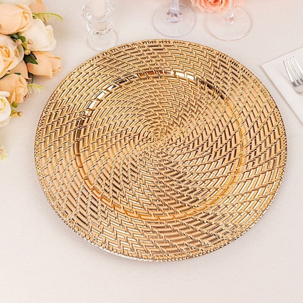 6 Metallic Gold 13 in Round Swirl Rattan Acrylic Charger Plates