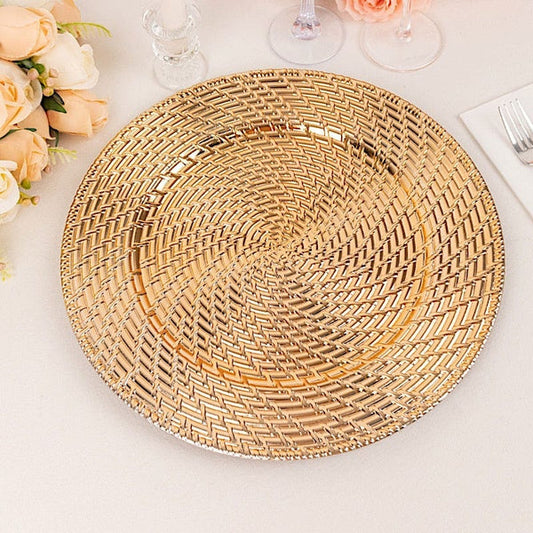 6 Metallic Gold 13 in Round Swirl Rattan Acrylic Charger Plates
