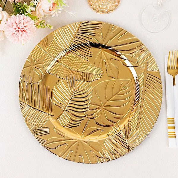 6 Metallic Gold 13" Round Acrylic Charger Plates with Embossed Tropical Leaves