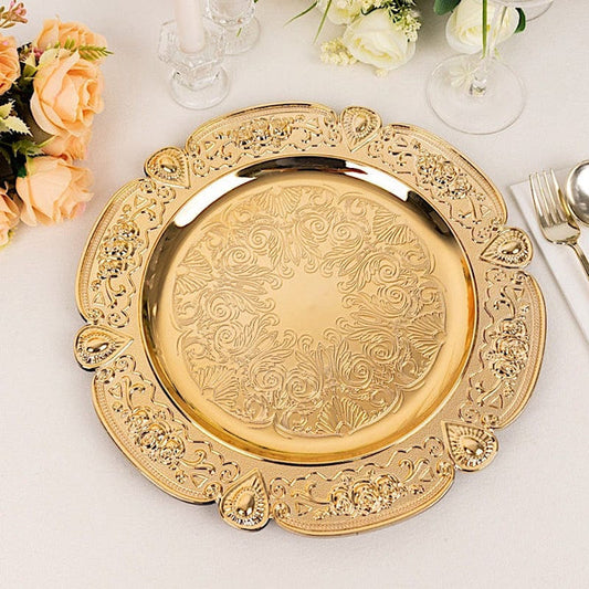6 Round 13 in Plastic Charger Plates Floral Embossed Design with Scalloped Rim