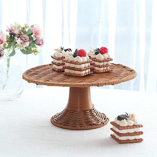12 in Natural Round Plastic Rattan Wicker Pedestal Cake Stand