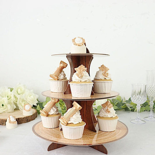 14 in Natural 3 Tier Cardboard Dessert Stand Wooden Print Cupcake Display Tower