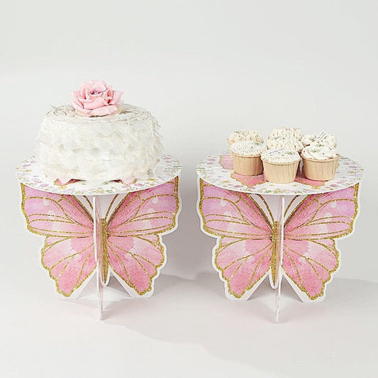 2 White and Pink Glitter Butterfly Cupcake Dessert Display Stands