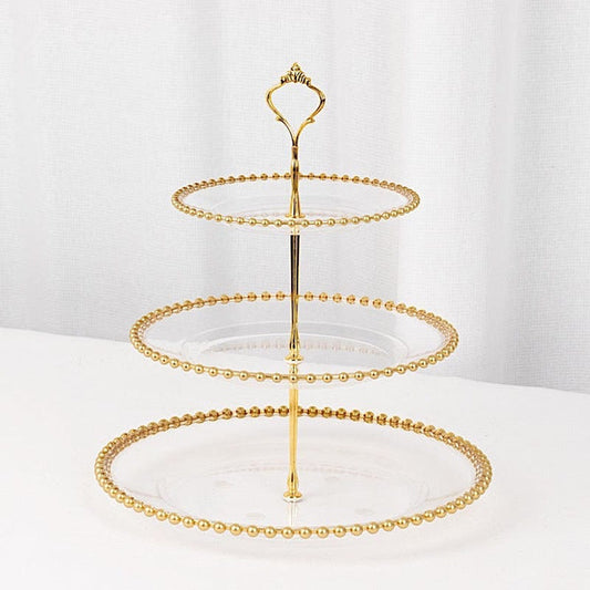 3-Tier Clear 14" Round Plastic Cupcake Tower Stand with Gold Beaded Rim