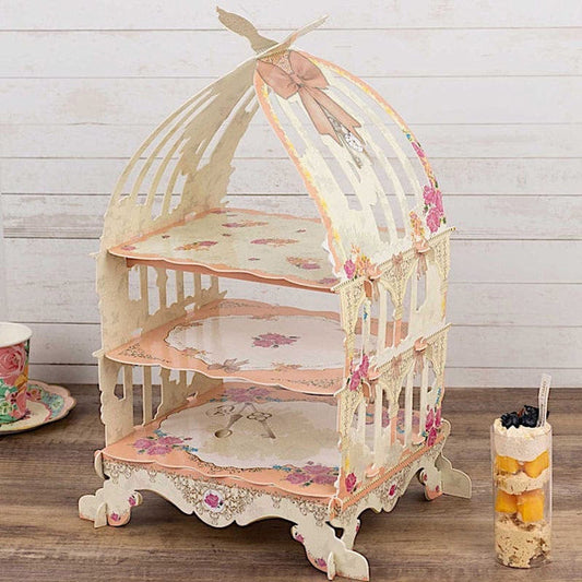 3 Tier White and Peach Birdcage Cardboard Cupcake Stand with Floral Print