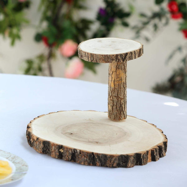 8 in tall 2 Tier Brown Natural Wood Stand Round Dessert Server Centerpiece