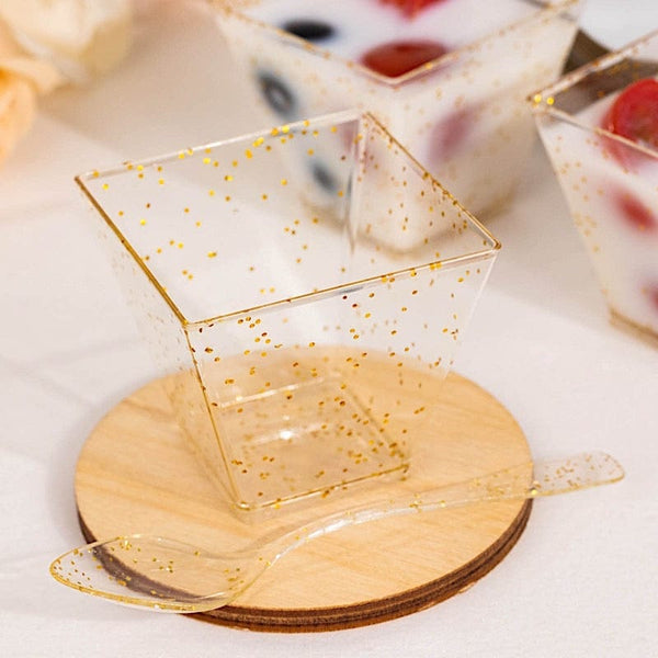 24 Clear 2 oz Disposable Gold Glittered Square Plastic Dessert Cups with Spoons