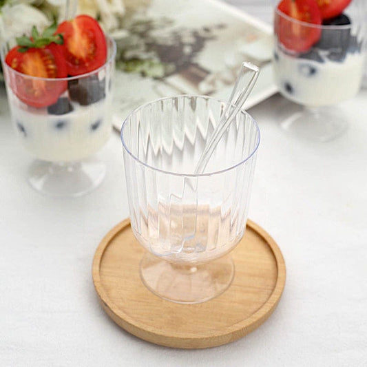 24 Clear 5 oz Disposable Ribbed Round Plastic Dessert Cups with Spoon Set