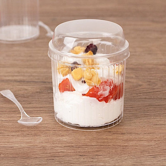 24 Clear Ribbed Plastic Fruit Dessert Cups 5 oz with Lids and Spoons